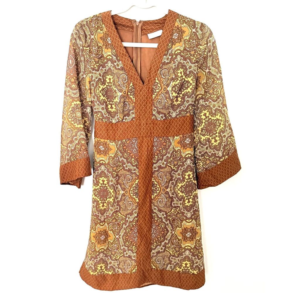 NY&Co Brown Damask Belted Dress Retro Style 3/4 Sleeves V-Neck Chic Sz S - Picture 2 of 12